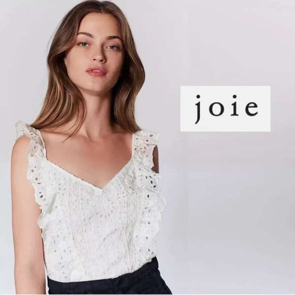 Joie Tops - Joie Tank Top Blouse Lace Eyelet Sleeveless Floral V-Neck Ruffle Trim White 2